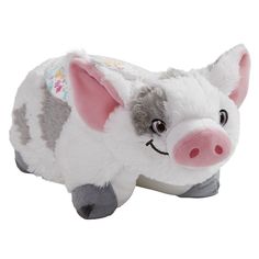 a small stuffed animal pig is shown on a white background with pink and gray accents