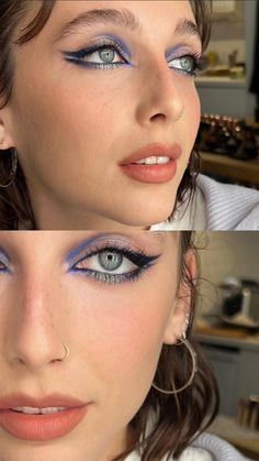 Deep Blue Makeup, Mia Goth Makeup Look, Young Makeup Looks, Makeup For Denim Outfit, Blue Makeup Hooded Eyes, 2024 Eyeshadow Looks, Pretty Makeup Looks For Blue Eyes, Blue Eye Makeup Brown Eyes, Abba Makeup