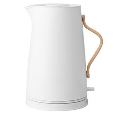 a white pitcher with a wooden handle on a white background, 3d rendering illustration stock photo