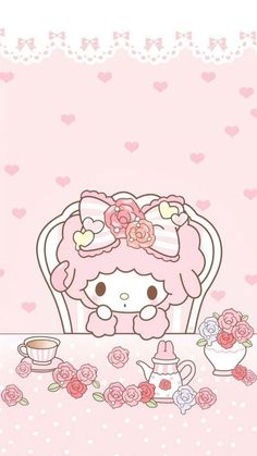 a hello kitty wallpaper with pink roses and teapots on it, in front of a heart - shaped background