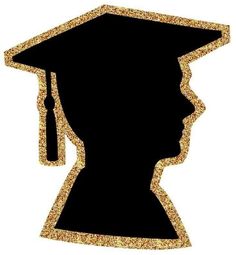 the silhouette of a graduate's head in gold glitter on a white background,