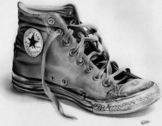 a black and white drawing of a pair of converse shoes with a star on the side