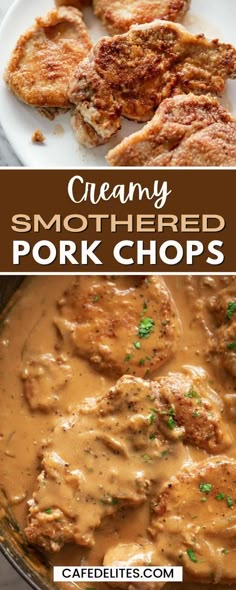 creamy smothered pork chops with gravy in a skillet on the side