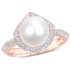 Give her a reason to dress up with this glamorous pearl and diamond ring. Crafted in precious 10K rose gold, this refined look features a luminous 8.5-9.0mm cultured freshwater pearl wrapped in a sculpted scalloped frame lined with sparkling diamonds. Additional diamonds shimmer along the knife-edged shank. Captivating with 1/4 ct. t.w. of diamonds and a brilliant buffed luster, this ring radiates beauty and style. Rose Gold Halo Ring, Vintage Halo Ring, Cultured Pearl Ring, Frame Ring, Vintage Halo, Rose Gold Halo, Freshwater Pearl Ring, Pearl And Diamond Ring, Gold Cocktail Ring