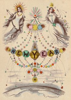 an illustration of three women surrounded by stars and the words new year written in different languages