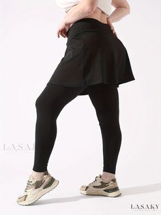 Lasaky - Premium Plus Size Womens Elegant Leggings - Solid Ruffled High Rise Skirted 2 In 1 Leggings Black Full-length Bottoms With Waistband, Versatile Tight Bottoms With Wide Waistband, Versatile Bottoms With Tight Fit And Wide Waistband, Stretch Full-length Bottoms With Waistband, Versatile Stretch Bottoms With Short Leg, Casual High Waist Stretch Legwear, Black 4-way Stretch Bottoms For Spring, Versatile Stretch Bottoms With Waistband, Casual Tight Bottoms With Wide Waistband