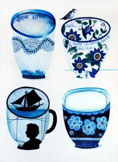 four blue and white vases with designs on them