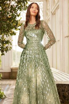 Sequin Dash Long Sleeve Ankle Gown – Green | Needle & Thread