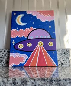 a painting of an alien flying in the night sky with stars and clouds on it