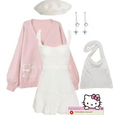 Sanrio Outfit Aesthetic, Baret Outfit, White Outfit Aesthetic, Pink Cardigan Outfit, Beret Outfit, Turning Red, Outfit Pink, 2000s Fashion Outfits