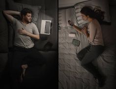 two pictures of a man and woman laying in bed with their laptops on each side