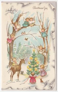 an old fashioned christmas card with angels and deers around a tree in the snow