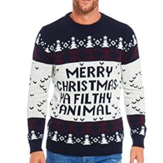 a man wearing a christmas sweater with the words merry christmas and an animal on it