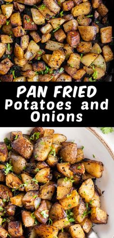 pan fried potatoes and onions in a white bowl with parsley on top, the same side dish