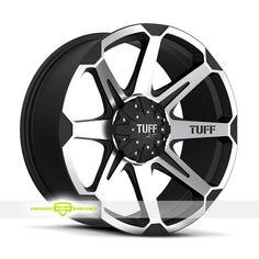 a black and white wheel with the word tuff on it