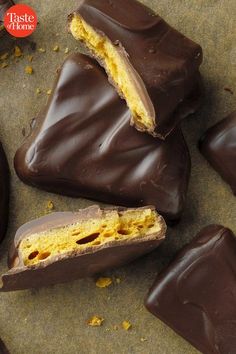 several pieces of chocolate covered candy on a table