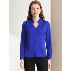 This shirt is elegant and charming for workwear or a day-to-night look, with a cut-out v-neck and unique shoulder details. No-see-through chiffon fabric and stylish v-neck make it a perfect choice for work, office, and daily wear. Pair this work office shirt with a pencil skirt, work pants, or casual jeans. The return of a classic, this button-up shirt is cut from in a chiffon sateen in an always flattering fit-and-flare silhouette. Model Body Size: Height: 5'9", Chest: 33 inches, Waist: 24 inch Solid Color Office Shirt For Workwear, Solid Color Shirt For Office Wear, Solid Color Semi-formal Office Lady Top, Blue Workwear Blouse With Back Button Closure, Semi-formal Solid Color Office Lady Top, Office Lady Blouse With Button Closure, Semi-formal Solid Color Office Tops, Office Lady Blouse With Button Closure For Work, Semi-formal Solid Office Lady Tops