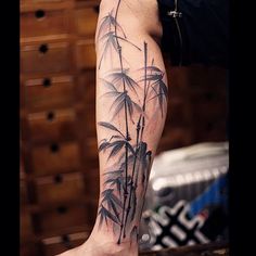 a person with a tattoo on their leg that has bamboo plants growing out of it