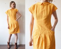 "Free shipping worldwide! Please press \"Learn more about this item\" to read full description and measurements below ↓. Pure sunshine in form of a dress - dark yellow linen or blend (no tag but feels like it) dress with cute straight cut Peter Pan collar, batwing top, fitted waist with a few pleats in front, spacious pockets on sides, closes with zipper at the back. Unlined. Seems to be custom made. Brand: not stated, could be custom made Material: appears to be linen or blend Size: estimated M Vintage Midi Linen Dress For Summer, Vintage Summer Midi Linen Dress, Yellow Linen Dress For Spring, Fitted Knee-length Linen Summer Dress, Vintage Summer Linen Midi Dress, Mustard Summer Dresses For Workwear, Yellow Linen Short Sleeve Dress For Summer, Summer Yellow Linen Dress, Vintage Knee-length Linen Dress For Spring