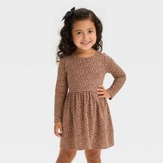 Toddler Girls' Long Sleeve Dress - Cat & Jack™ Brown 3T Heart Print Dress, Spotted Dress, Cozy Dress, Long Sleeve Knit Dress, Long Sleeve Print Dress, Toddler Girl Outfits, Toddler Dress, Girls Long Sleeve, Dress Romper