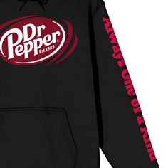 Stay warm and stylish with this Dr. Pepper black hooded sweatshirt. Featuring the iconic soda's logo and eye-catching red letters on the left sleeve that read "Always One Of A Kind," this officially licensed sweatshirt is a must-have for any Dr. Pepper fan. The custom design sets it apart, while the adjustable hood adds versatility. Made with high-quality cotton and polyester materials, it offers both comfort and durability. Embrace your love for Dr. Pepper in this one-of-a-kind sweatshirt. Black Relaxed Fit Hoodie, Pre-shrunk, Black Pre-shrunk Sweatshirt For Fan Merchandise, Pre-shrunk Black Sweatshirt For Fan Merchandise, Black Hooded Top For Fan Apparel, Pre-shrunk Black Hoodie For Fall, Black Pre-shrunk Hoodie For Fall, Pre-shrunk Black Hoodie For Winter, Black Pre-shrunk Hoodie For Winter, Black Pre-shrunk Hooded Top