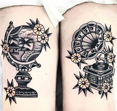 two tattoos on the legs of people with flowers and an earth globe in between them