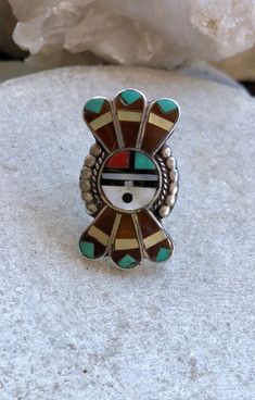 Beautiful Zuni Sun Native American Turquoise Coral Mother Of Pearl Stone Inlay Vintage Ring Green Southwestern Style Jewelry With Inlay, Southwestern Style Green Inlay Jewelry, Multicolor Collectible Ring Jewelry, Adjustable Inlay Jewelry Ring, Adjustable Multicolor Artisan Turquoise Ring, Artisan Adjustable Turquoise Ring With Inlay, Artisan Turquoise Ring With Inlay, Vintage Green Turquoise Ring With Inlay, Southwestern Round Rings With Inlay