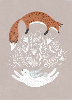 an illustration of two foxes chasing each other in the air with plants and flowers around them