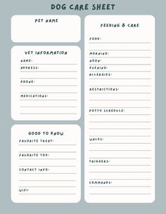 a printable dog care sheet with the words pet name, feeding and care information