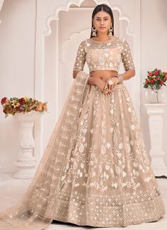 Buy Lehengas | Beige Brown Traditional Embroidered Wedding Lehenga Choli Beautiful Lengha, Anarkali Lehenga Gowns, Beige Lehenga, Lehenga Choli Designs, Butterfly Net, Anarkali Lehenga, Net Lehenga, Lehenga Choli Online, Lehenga Collection