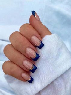 Blue Gold Nails, January Nails, Prom Nails, Fancy Nails, French Tip Nails, Best Acrylic Nails, Square Nails