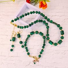 Hello our new and returned Customers! Welcome to our jewelry store on ETSY!      Introducing our new Green Malachite beaded jewelry - necklace, matching earrings, and      a matching bracelet. #  Jewelry is completed and ready to ship;  #  Free shipping on the same day, except Sunday. #  Necklace: length - 18 inches. Beads - barrel shape - 12 x 10 mm; round shape - 10- and 8-mm diameter. Necklace is beaded on strong wire, lobster clasp and extended chain 2,0 inches long. Premium class findings. Beaded Malachite Jewelry Gift, Gift Beaded Malachite Jewelry, Adjustable Green Malachite Beaded Necklace, Green Malachite Handmade Necklace, Elegant Green Malachite Beaded Necklace, Beaded Jewelry Necklaces, Malachite Jewelry, New Green, Wedding Jewelry Sets