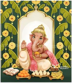 an elephant sitting in front of a mirror with food on the ground next to it