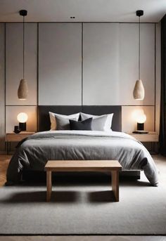 a large bed sitting in a bedroom next to two lamps on either side of it