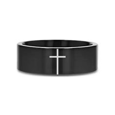 a black wedding band with a white cross on it