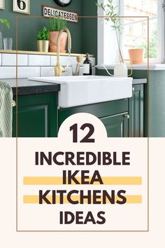 the kitchen with green cabinets and white counter tops is featured in this postcard for 12 incredible ikea kitchens ideas