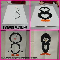 four pictures of penguins painted on paper with the words penguin painting in black and white