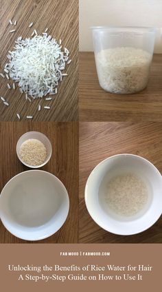 three bowls with rice in them sitting on top of a wooden table next to each other