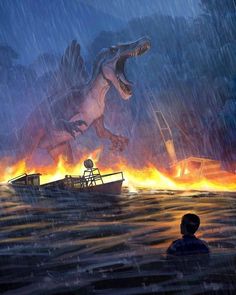 a man standing in the water next to a boat with a large dinosaur on it