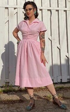 Fitted Casual Dress For Vintage Fashion, Pink Fitted Casual Vintage Dress, Spring Rockabilly Dress With Short Sleeves, Short Sleeve Rockabilly Dresses For Vintage Fashion, Rockabilly Short Sleeve Vintage Dress, Spring Vintage Pinup Dresses, Spring Pinup Dress For Vintage Fashion, Fitted Tea-length Summer Vintage Dress, 1950s Style Vintage Dress With Short Sleeves