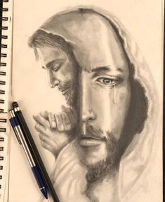 a drawing of jesus holding the hand of a man with his head on his chest