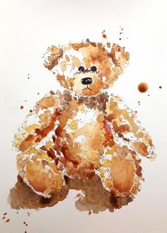 a watercolor painting of a teddy bear sitting on the ground with brown spots around it