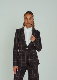 Smythe's Hutton Blazer is crafted of stretch plaid and features a tailored, single button front with a double back vent. Details Tailored. Single button closure. Long sleeves. Double back vent. Dry clean. Made in Canada. Color rosewood plaid. 68% polyester, 28% viscose, 4% elastane. Lining 60% acetate, 40% rayon. Plaid Blazer, Equatorial Guinea, British Indian, Mozambique, Blazers For Women, Sale Design, Caribbean Netherlands, Brunei, New Dress