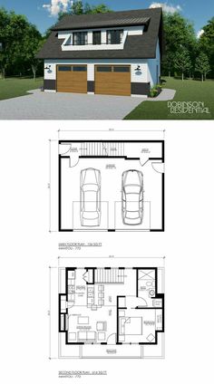 two story house plans with garage and living room in the middle, one bedroom on the second