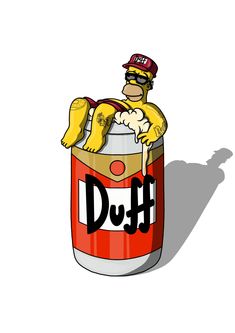 a cartoon character is sitting in a can of duffel beer with the word duffle on it