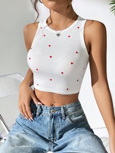 Women Fashionable Heart Print Sleeveless Tank Top White Casual   Fabric Geometric,Heart Tank High Stretch  Women Clothing, size features are:Bust: ,Length: ,Sleeve Length: Top Clothes, Geometric Heart, Women Tank Tops, Summer Crop Tops, Cropped Tops, Ribbed Tank Tops, September 2024, Sleeveless Crop Top, Fashion Icon