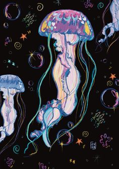 an image of jellyfishs in the water with bubbles and stars around them on a black background