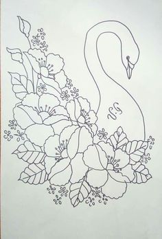 a drawing of a swan surrounded by flowers