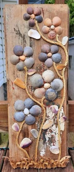 an art piece made out of seashells and rope on top of a wooden board