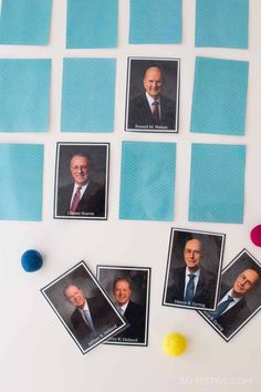 several pictures of men in suits and ties are arranged on a white surface with blue squares around them